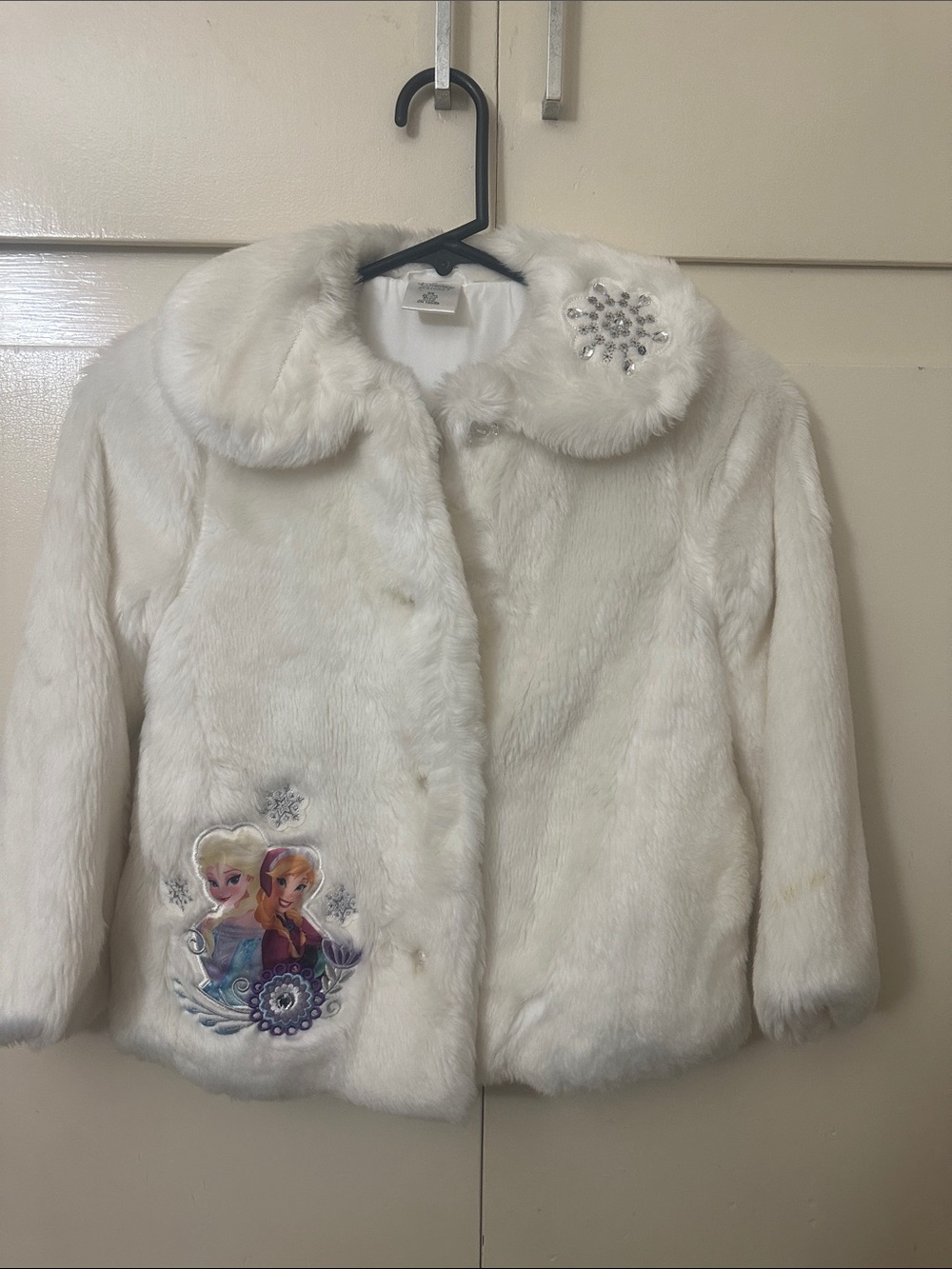 Disney Girls White Faux Fur Pea Coat with Frozen Character Patch